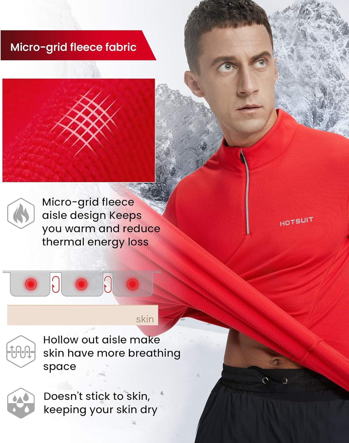 HOTSUIT men's 1/4 zip running shirt with fleece, long sleeves, quick-dry fabric, lightweight design, and reflective features.