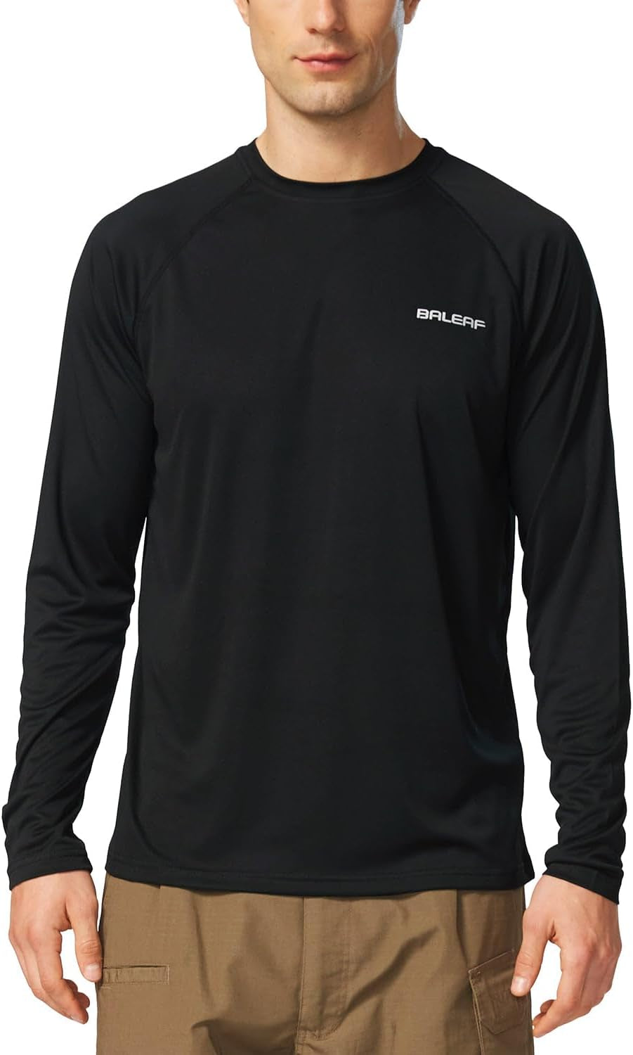 Baleaf men's UPF 50+ sun protection long sleeve rash guard shirt with quick-dry, 4-way stretch fabric for fishing, swimming, and surfing.
