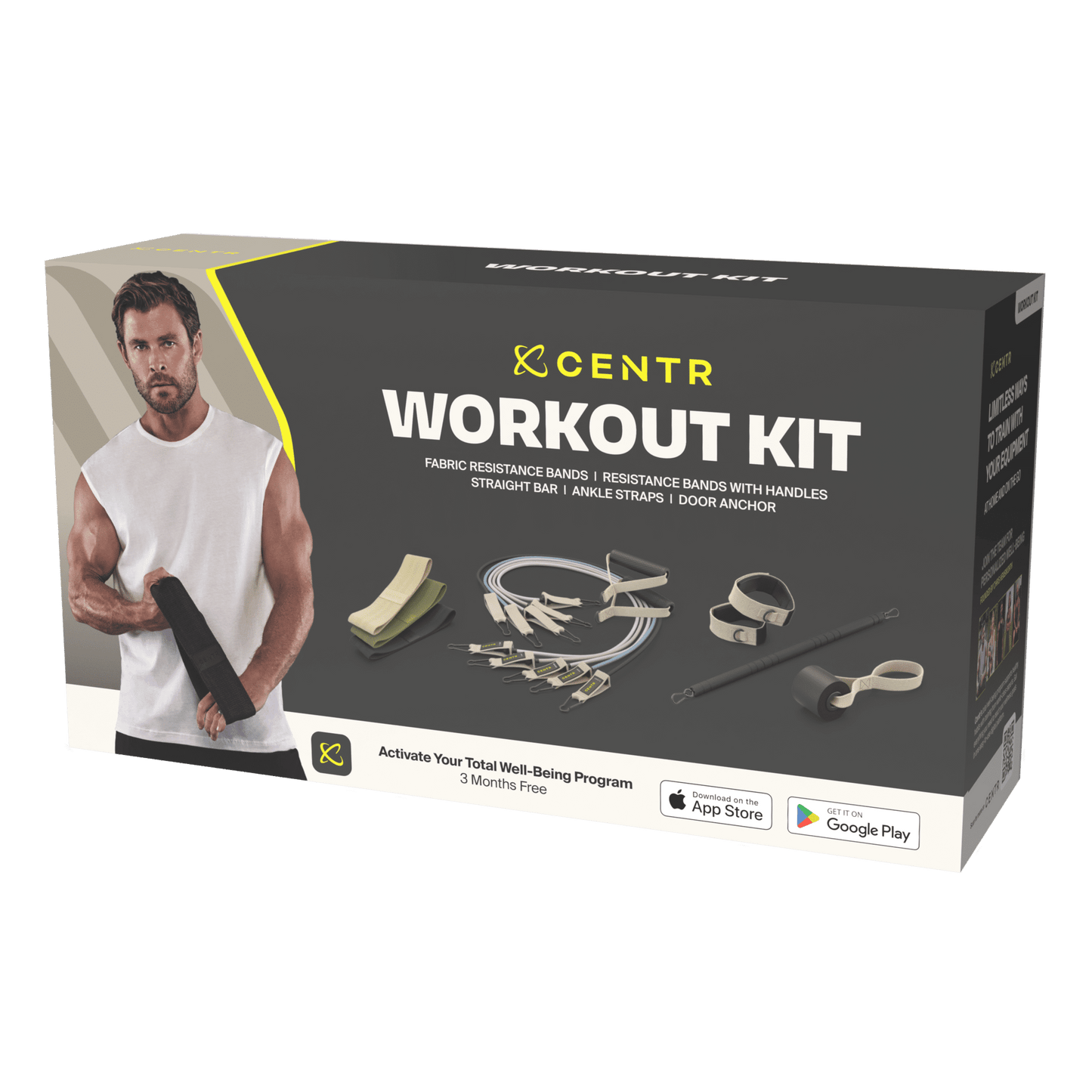 Chris Hemsworth home workout kit with resistance bands, attachments, and 14-piece set for full-body strength training.