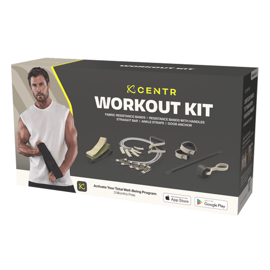 Chris Hemsworth home workout kit with resistance bands, attachments, and 14-piece set for full-body strength training.