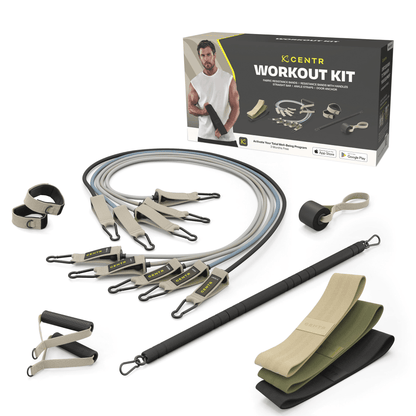Chris Hemsworth home workout kit with resistance bands, attachments, and 14-piece set for strength training at home.