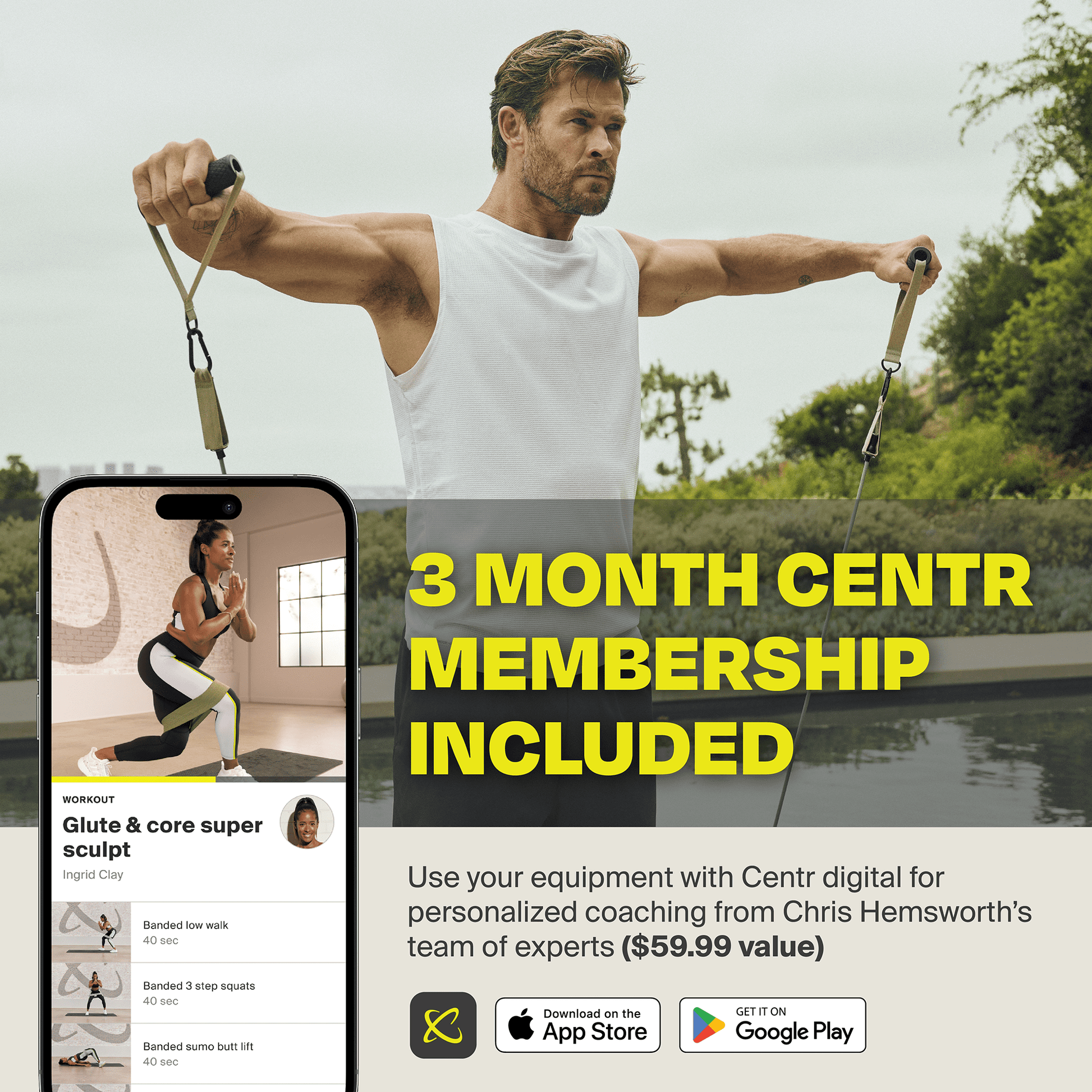 Chris Hemsworth home workout kit with resistance bands, attachments, and 14-piece set for fitness training at home