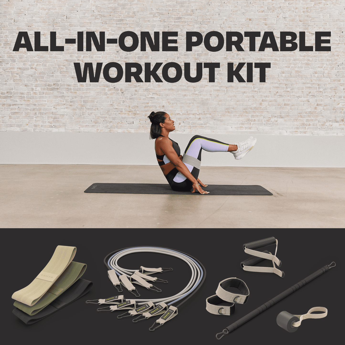 Chris Hemsworth home workout kit with resistance bands, attachments, and 14-piece set for fitness training.