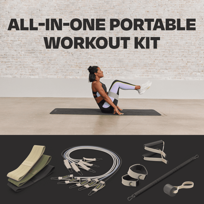 Chris Hemsworth home workout kit with resistance bands, attachments, and 14-piece set for fitness training.