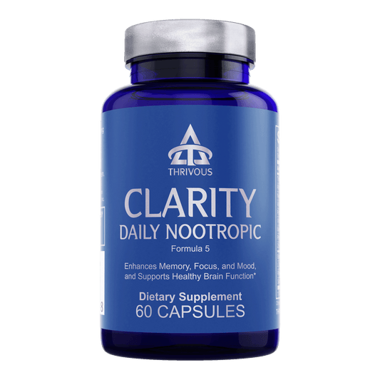 Clarity Daily Nootropic supplement bottle; daily nootropic supplement for brain health.