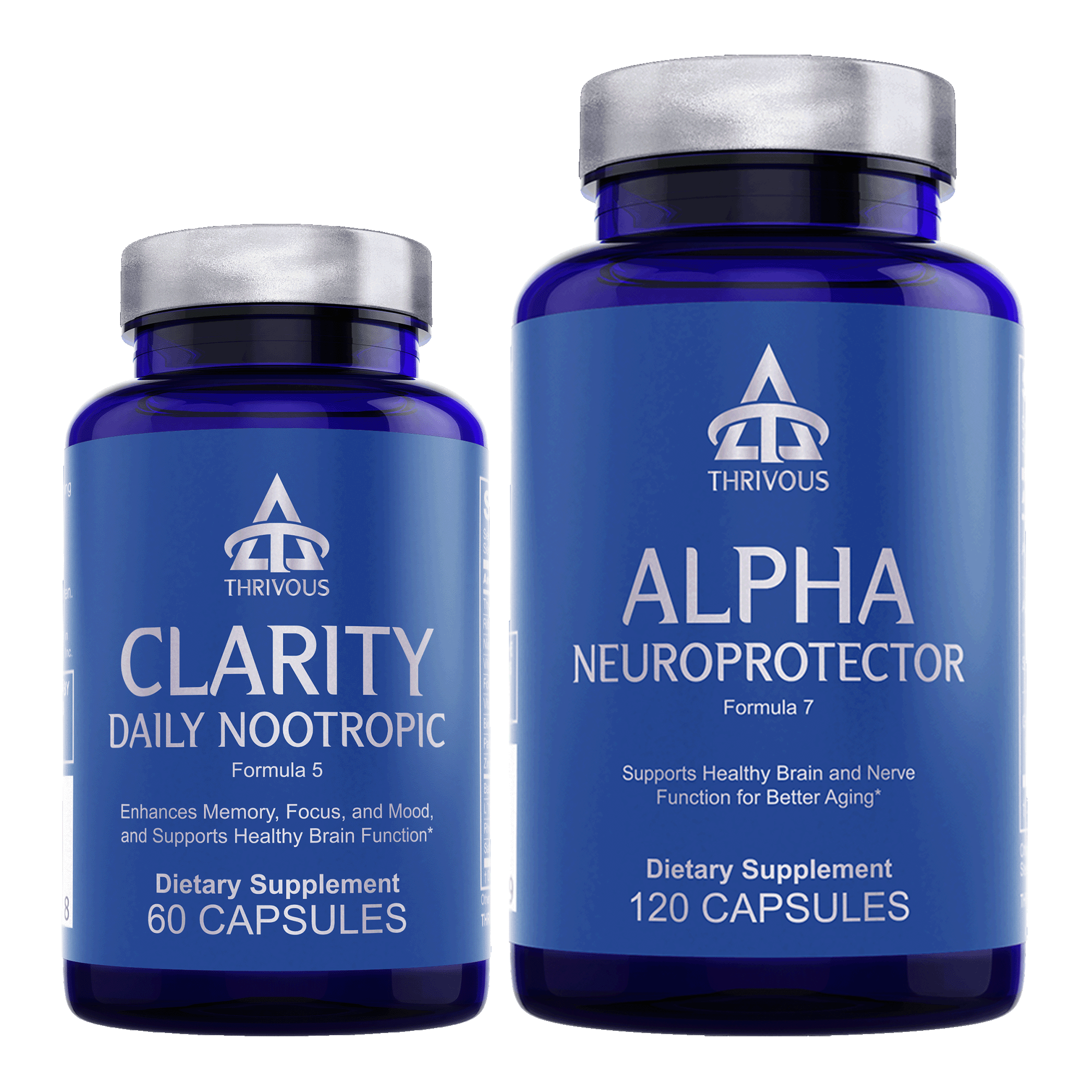 Clarity and Alpha Stack dietary supplement bottles side by side for cognitive support and wellness.