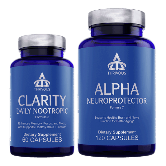 Clarity and Alpha Stack dietary supplement bottles side by side for cognitive support and wellness.