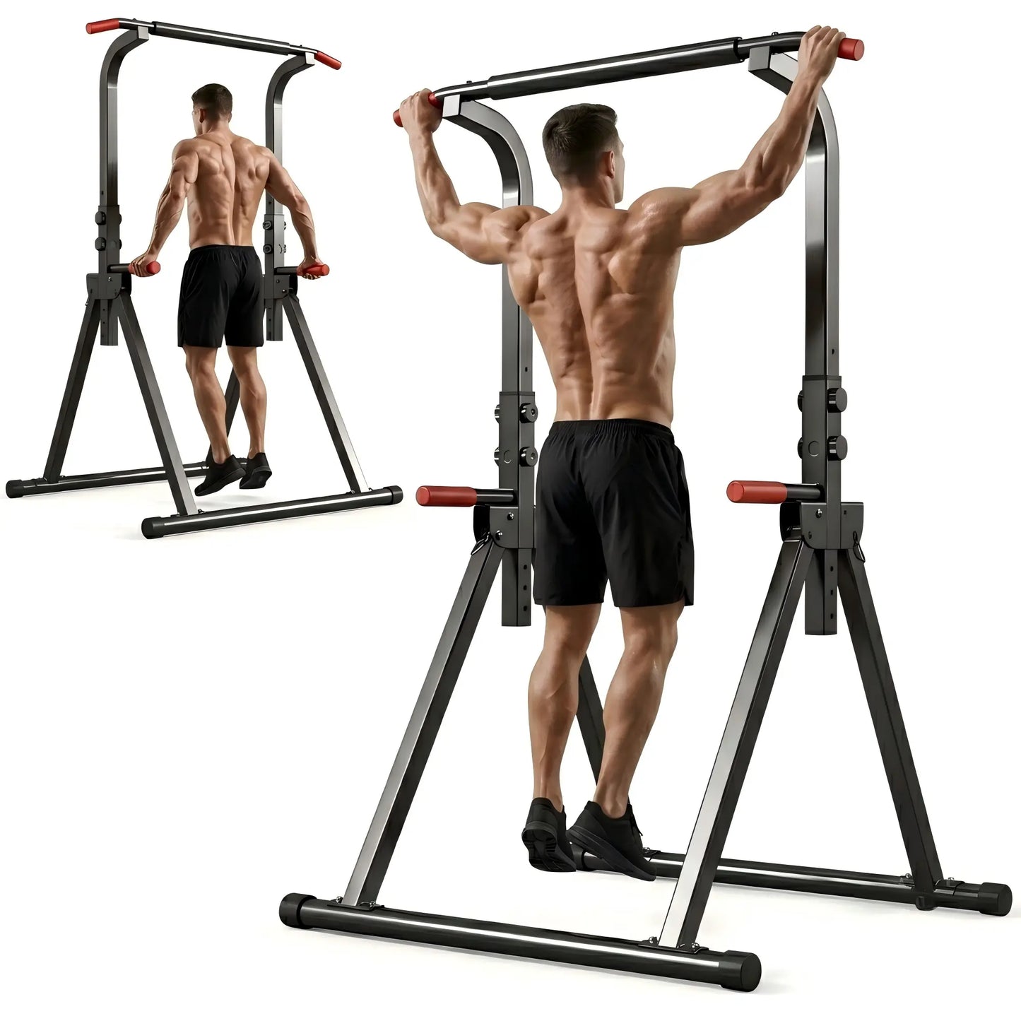 Fitness Essentials Power Tower Pull-up Bar with adjustable height, foldable design, heavy-duty frame, and multi-functional workout stations.