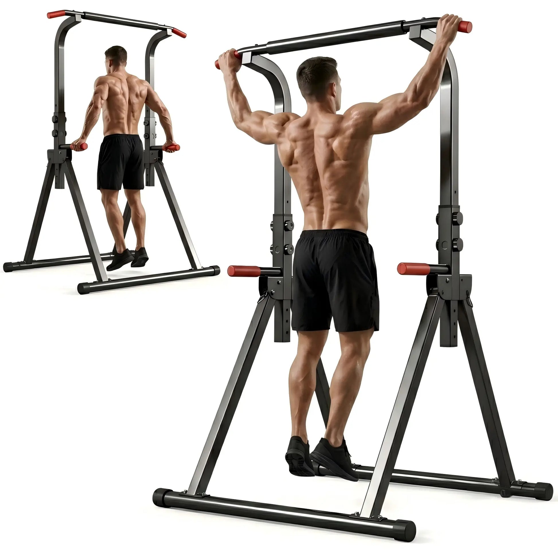 Fitness Essentials Power Tower Pull-up Bar with adjustable height, foldable design, heavy-duty frame, and multi-functional workout stations.