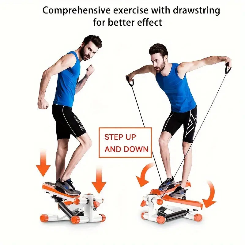 Mini stepping machine for home workouts with balance training pedal and pull rope in use.