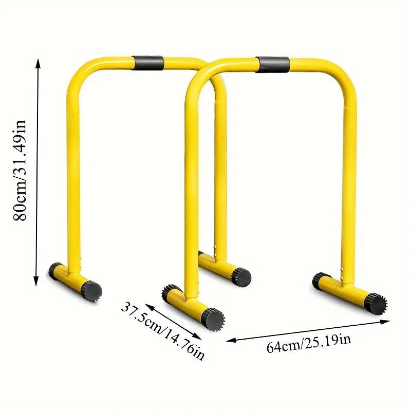 Height adjustable parallel bars in yellow, ideal for home workouts and gym sessions with customizable height.