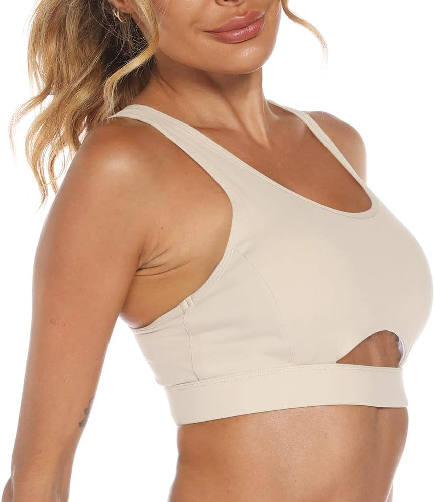 Nine Bull high impact women's sports bra with removable padding, beige yoga racerback design, ideal for workout and active wear.