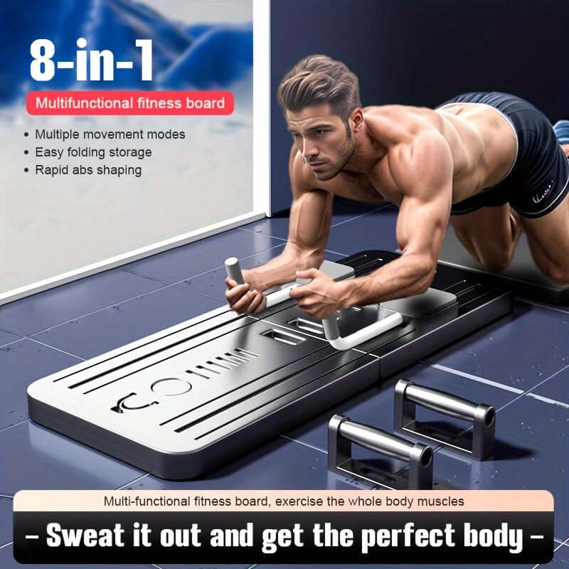 Man using a multifunctional ab workout board for core strengthening and toning exercises at home.