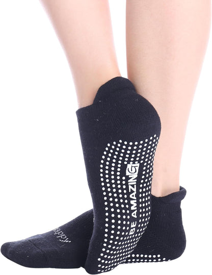 Non-slip yoga and pilates socks with grips for women and men, ideal for hospital, maternity, barre, and fitness activities.