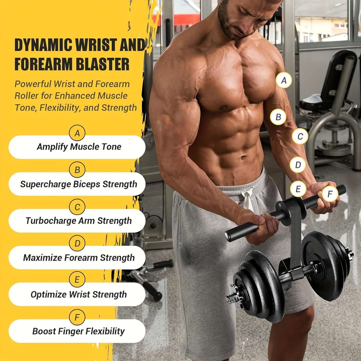 Dynamic wrist strengthener for fitness training improving muscle tone, flexibility, and forearm strength in gym.