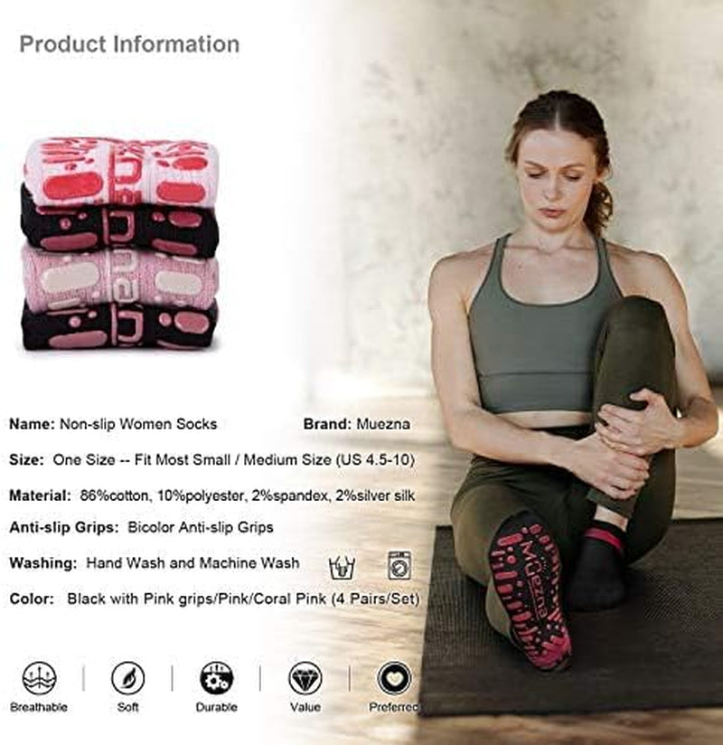 Muezna women's non-slip yoga socks with grips, suitable for Pilates, barre, and hospital use, size 5-10, black with grip soles.