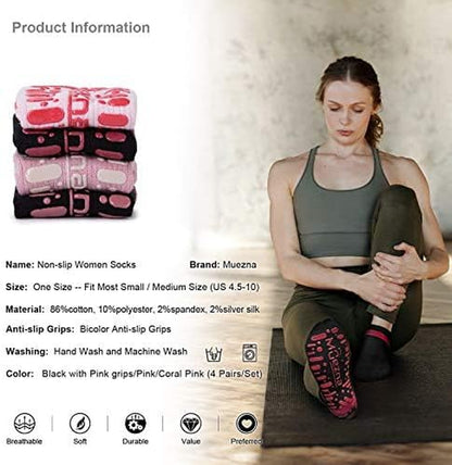 Muezna women's non-slip yoga socks with grips, suitable for Pilates, barre, and hospital use, size 5-10, black with grip soles.