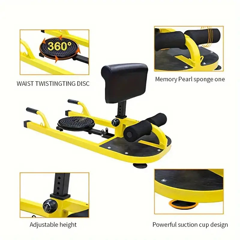 Ultimate Multifunctional Abdominal Trainer showcasing adjustable height, waist twisting disc, and powerful suction cup design.