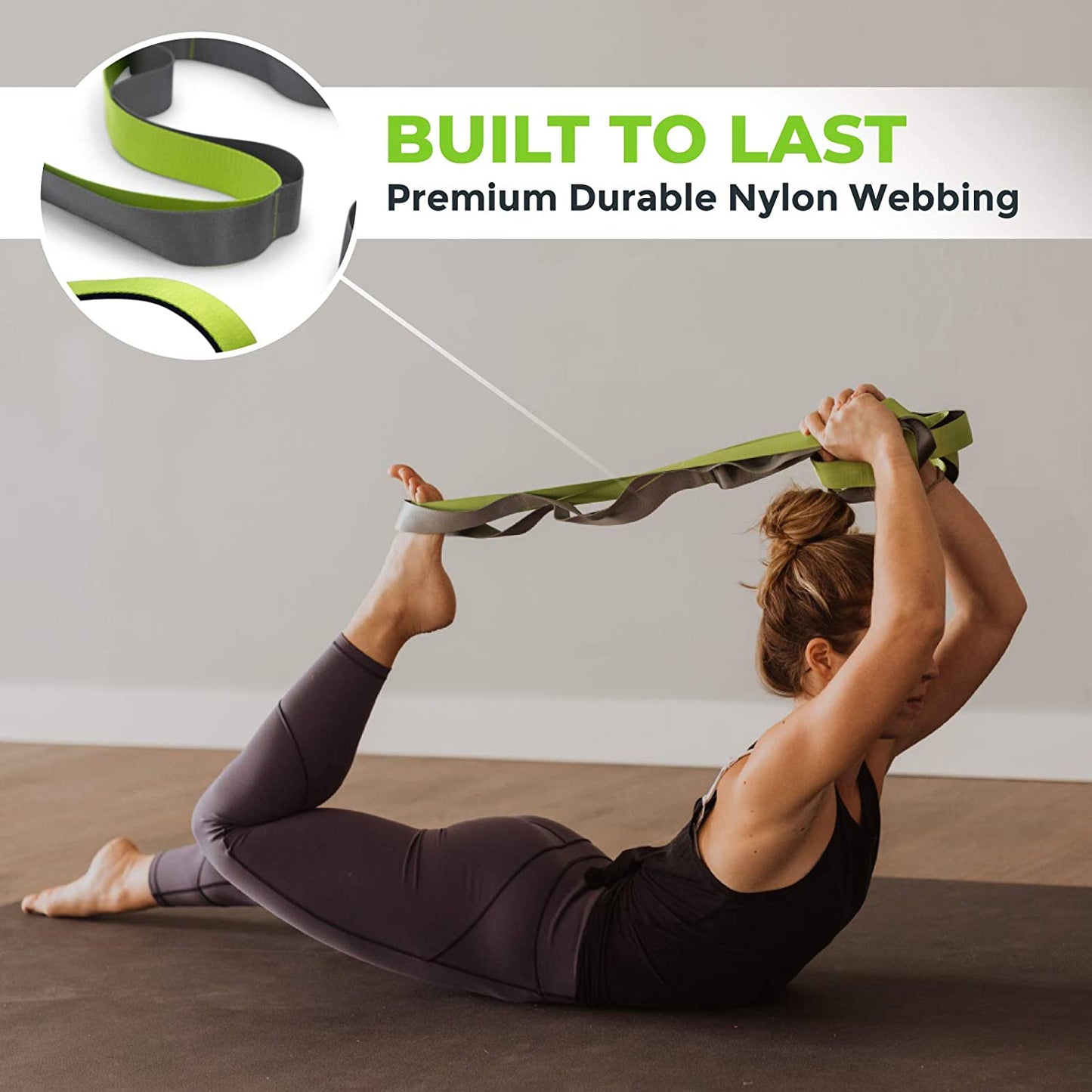Gradient Fitness stretching strap with neoprene handles, 12 loops, 8-foot length, used for physical therapy, yoga, and leg stretching.