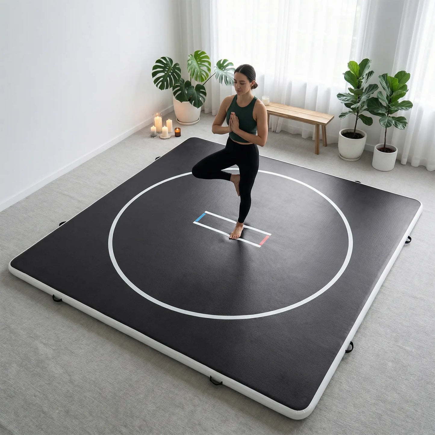 Inflatable wrestling mat in 10ft or 13ft size, PVC, 4-inch thick with wrestling circles, suitable for martial arts, BJJ, MMA, indoor or outdoor use.