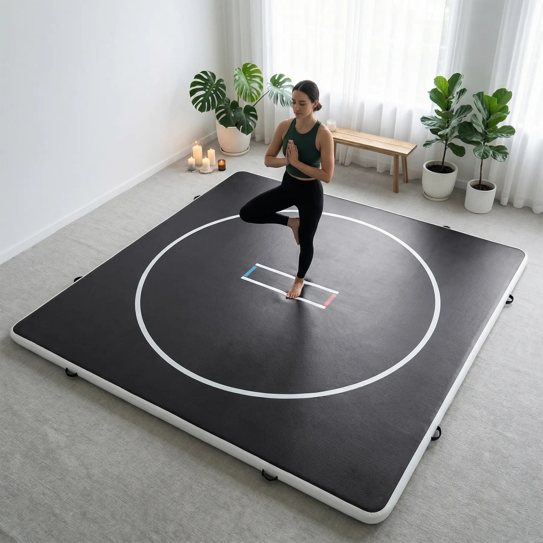 Inflatable wrestling mat in 10ft or 13ft size, PVC, 4-inch thick with wrestling circles, suitable for martial arts, BJJ, MMA, indoor or outdoor use.