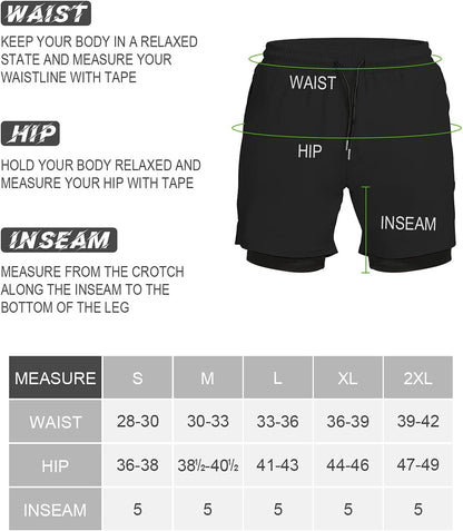 We1Fit men's 2-in-1 running shorts in black with quick-dry fabric and phone pockets, designed for athletic gym workouts.