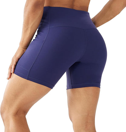 Lovesoft women's 5-inch high waist biker shorts with side pockets, ideal for yoga, running, gym, and workout compression spandex.