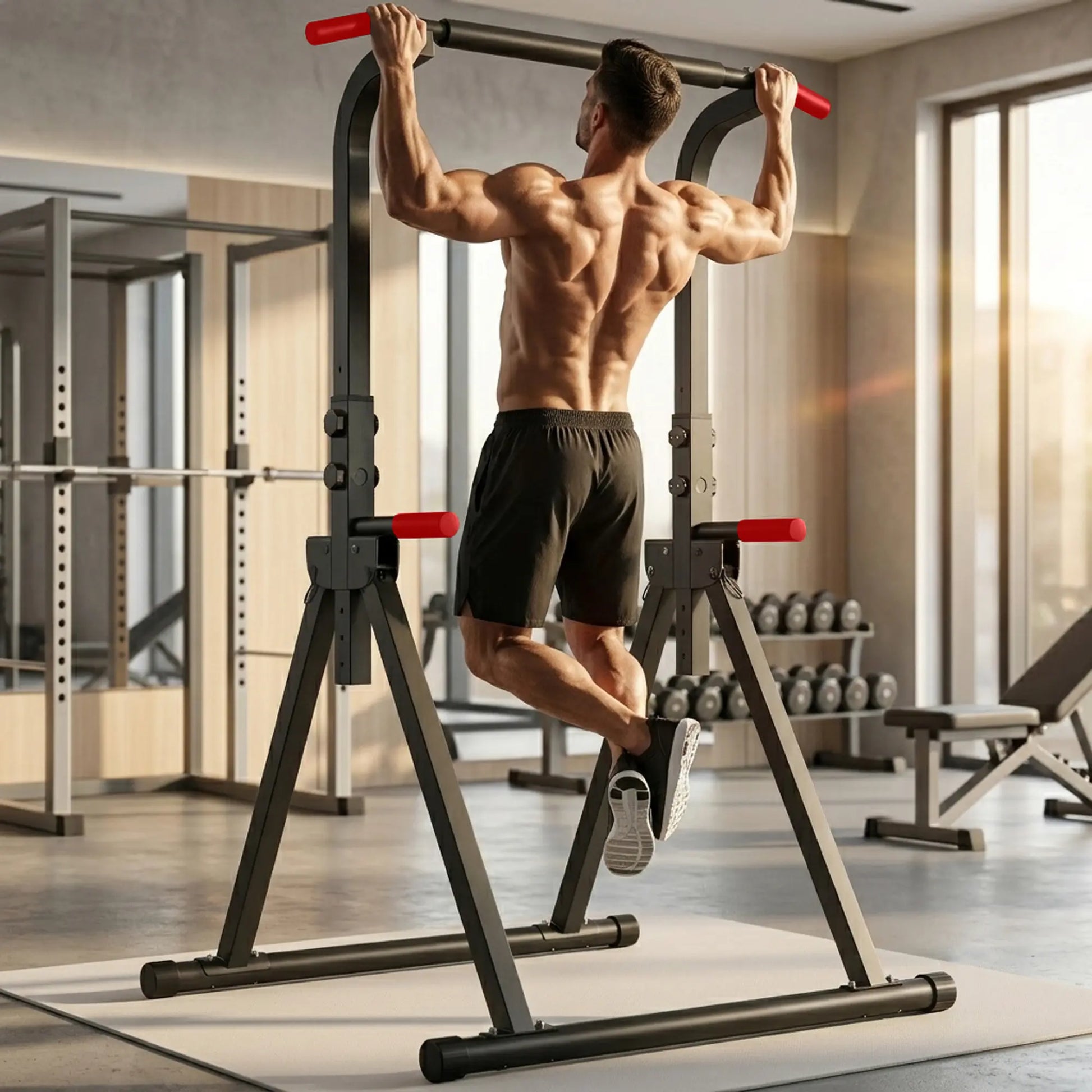 Fitness Essentials Saveyour Power Tower Pull-up Bar with adjustable height, foldable design, sturdy frame, and multiple workout options.