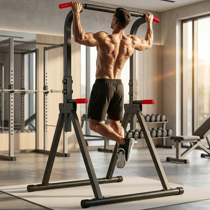 Fitness Essentials Saveyour Power Tower Pull-up Bar with adjustable height, foldable design, sturdy frame, and multiple workout options.