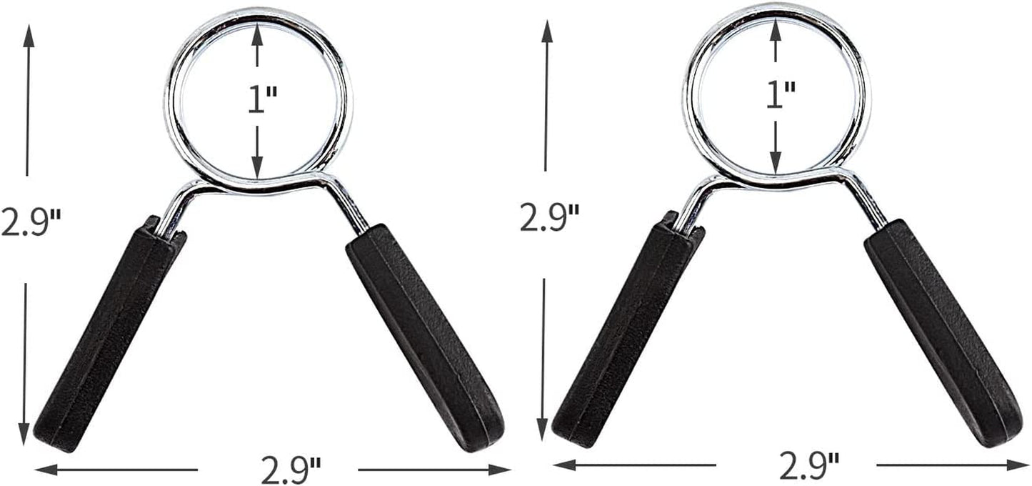 EastyGold 1-inch barbell clamps and spring clips securing weight plates on a standard weightlifting bar for strength training.