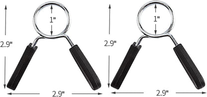 EastyGold 1-inch barbell clamps and spring clips securing weight plates on a standard weightlifting bar for strength training.