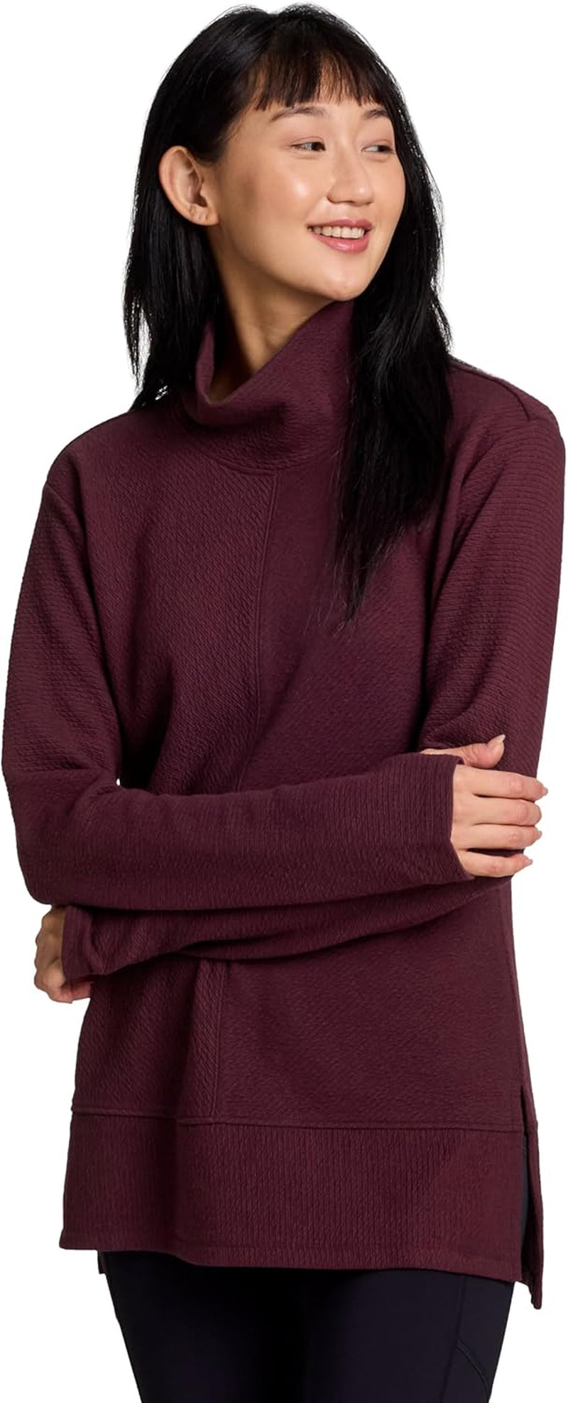 RBX Active women's quilted cowl neck pullover sweater with thumbholes, lightweight mock neck tunic sweatshirt, ultra-soft and cozy.