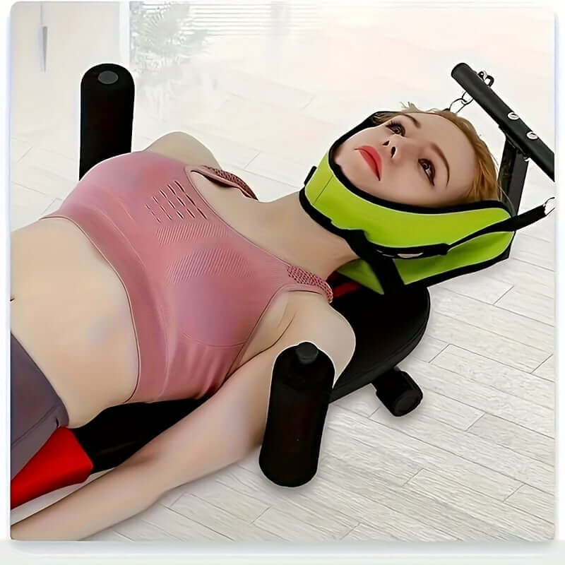 Adjustable foot pad stretching machine being used for effective home fitness exercise.