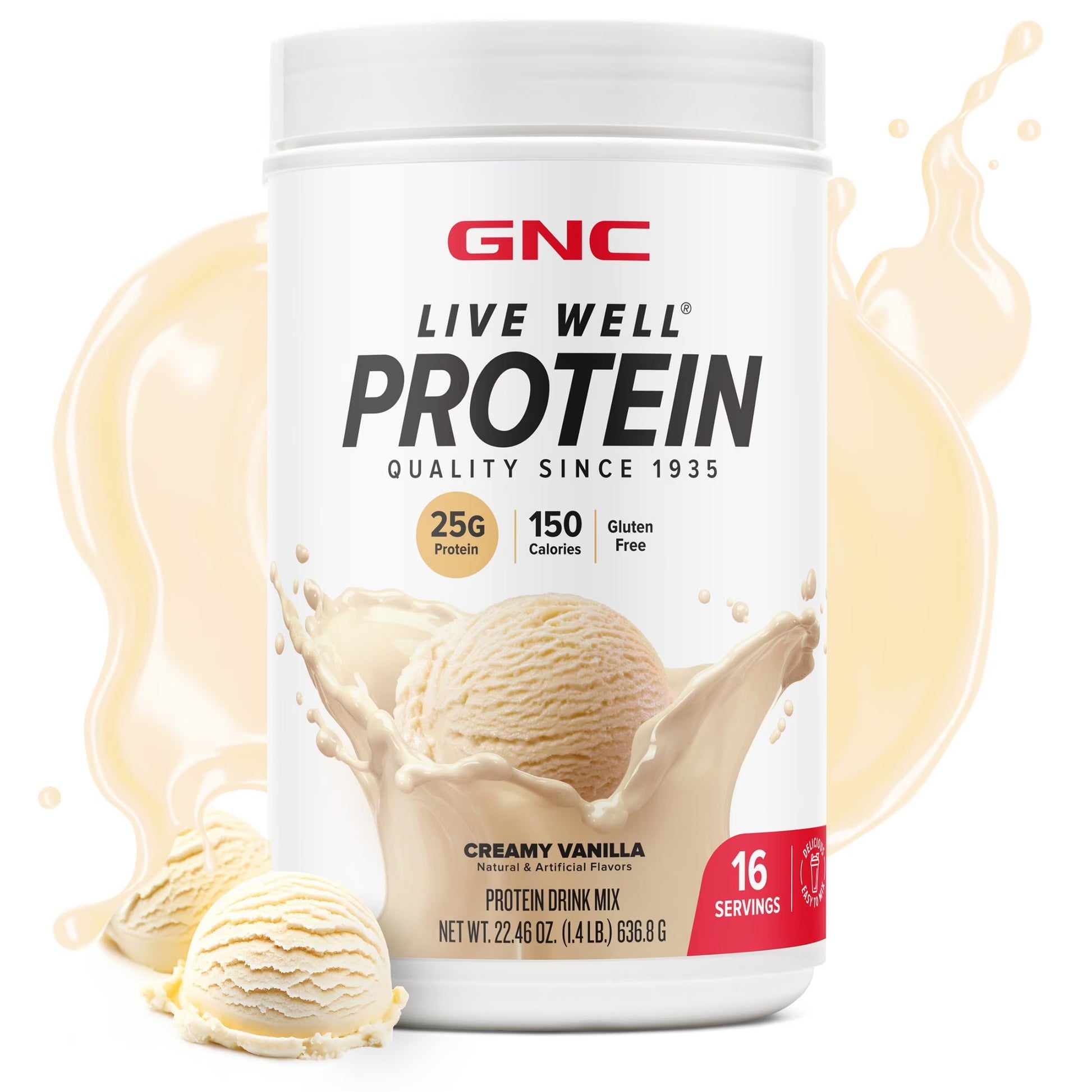 Live Well Protein Powder, 25G Whey Protein, Creamy Vanilla, Gluten Free, No Sugar Added, 16 Servings