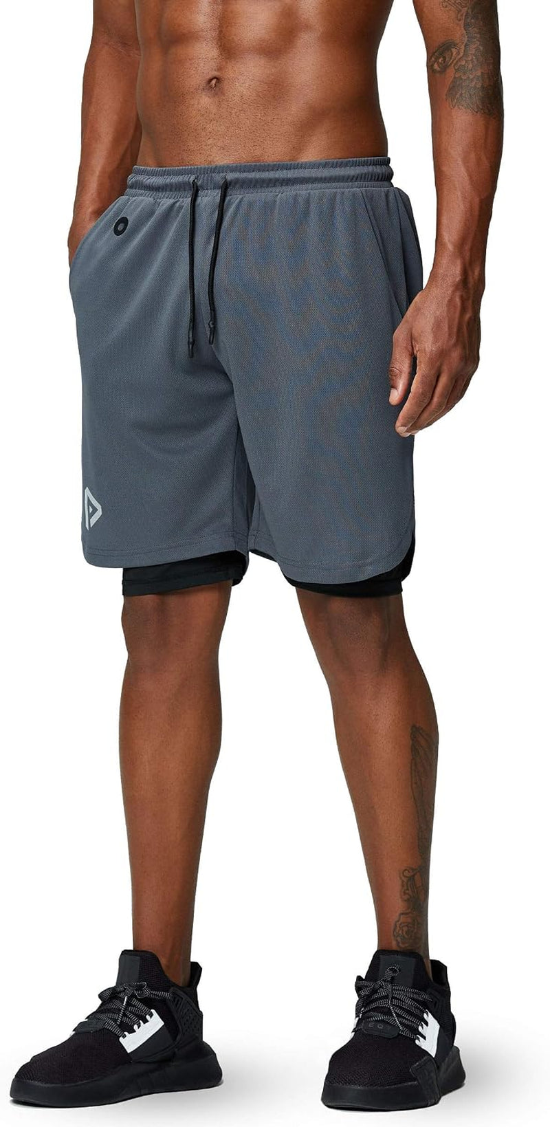 Pinkbomb men's 2-in-1 running shorts with quick-dry fabric, phone pocket, ideal for gym workouts and active wear.