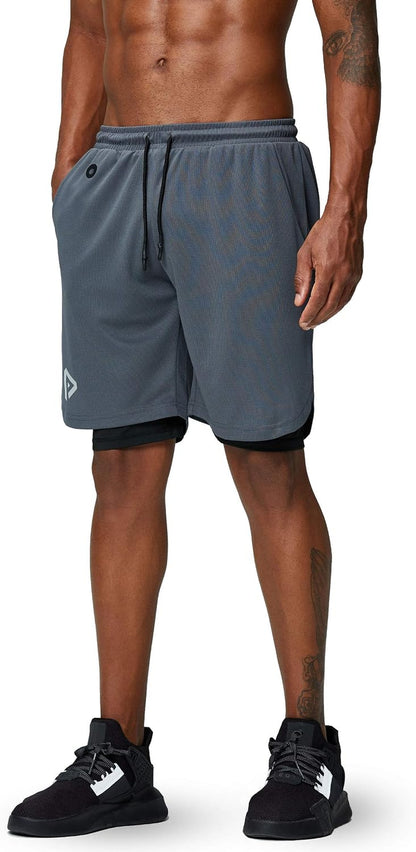 Pinkbomb men's 2-in-1 running shorts with quick-dry fabric, phone pocket, ideal for gym workouts and active wear.