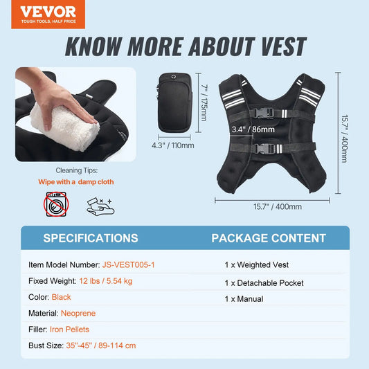 Vevor 12 lbs weighted vest with reflective stripes, adjustable buckle for men and women, used for strength training and running.