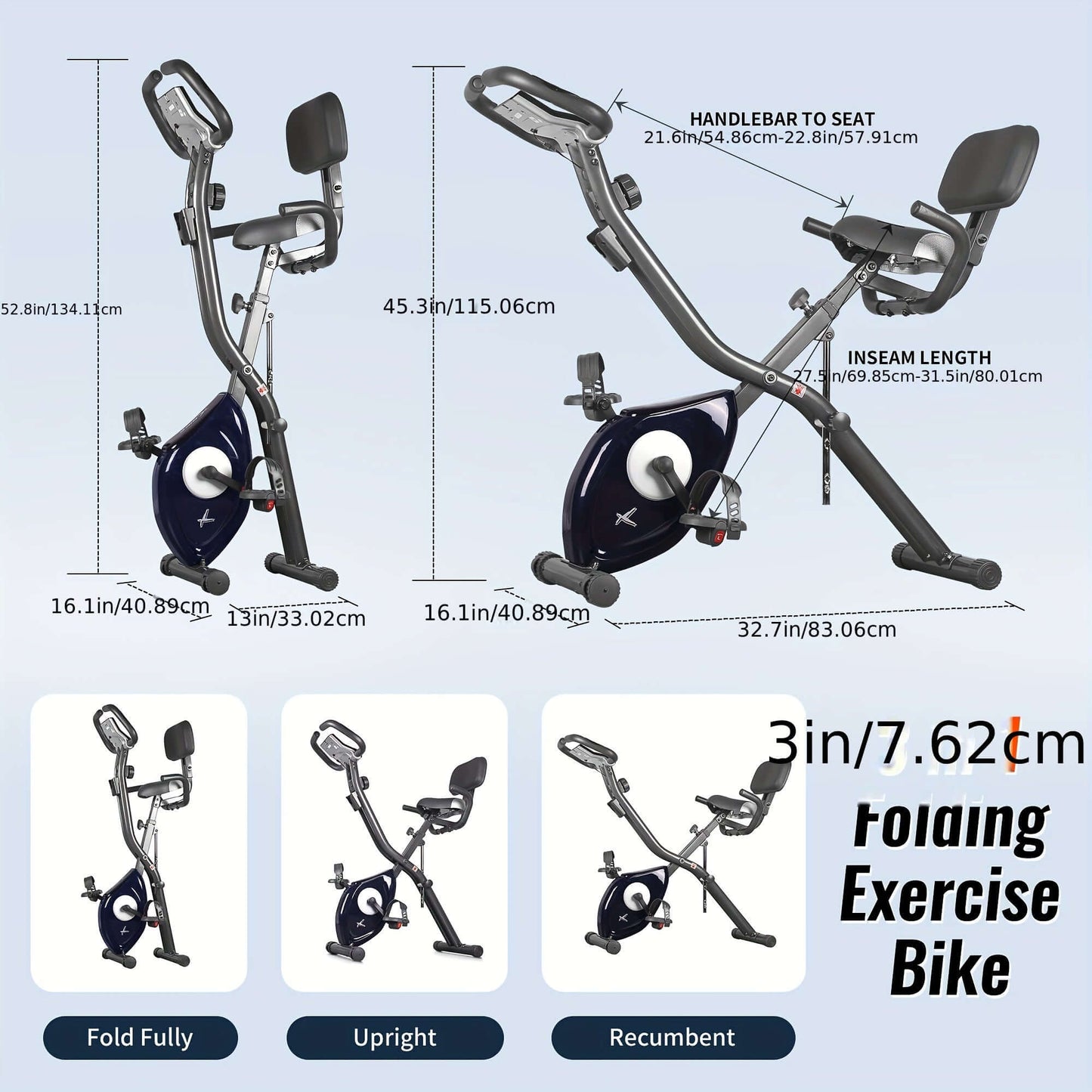 Ultra-Quiet Foldable X-Bike with Heart Rate Monitor & LCD Display(Blue)-2