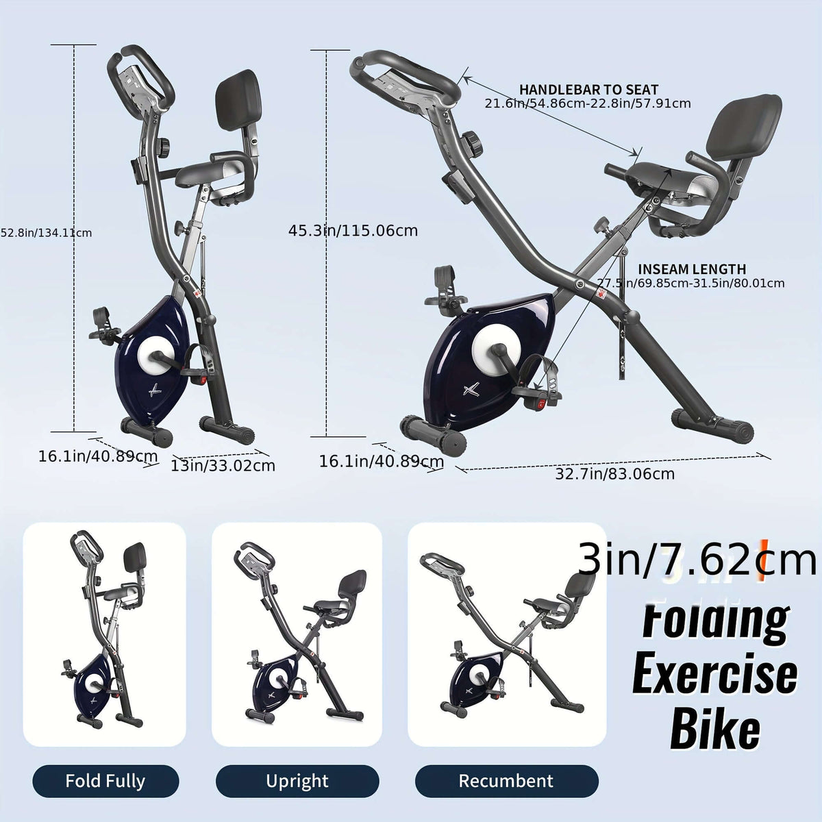 Ultra-Quiet Foldable X-Bike with Heart Rate Monitor, LCD Display, and adjustable design for home workouts.