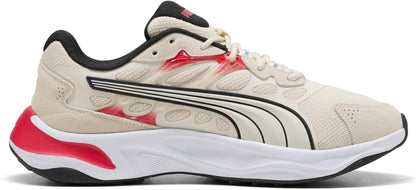 PUMA men's Insphere running shoes in black with white accents, featuring breathable mesh and cushioned sole for comfort and support.