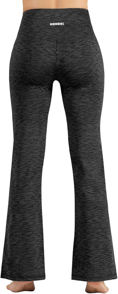 ODODOS women's high-waisted bootcut yoga pants in charcoal with tummy control, inner pocket, and 31-inch inseam, spacedye fabric.