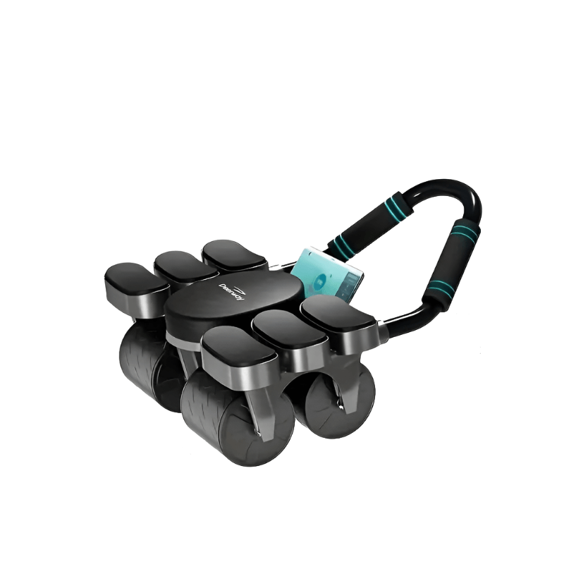 4-wheel abdominal roller with elbow support featuring automatic rebound and padded grips for effective workouts.