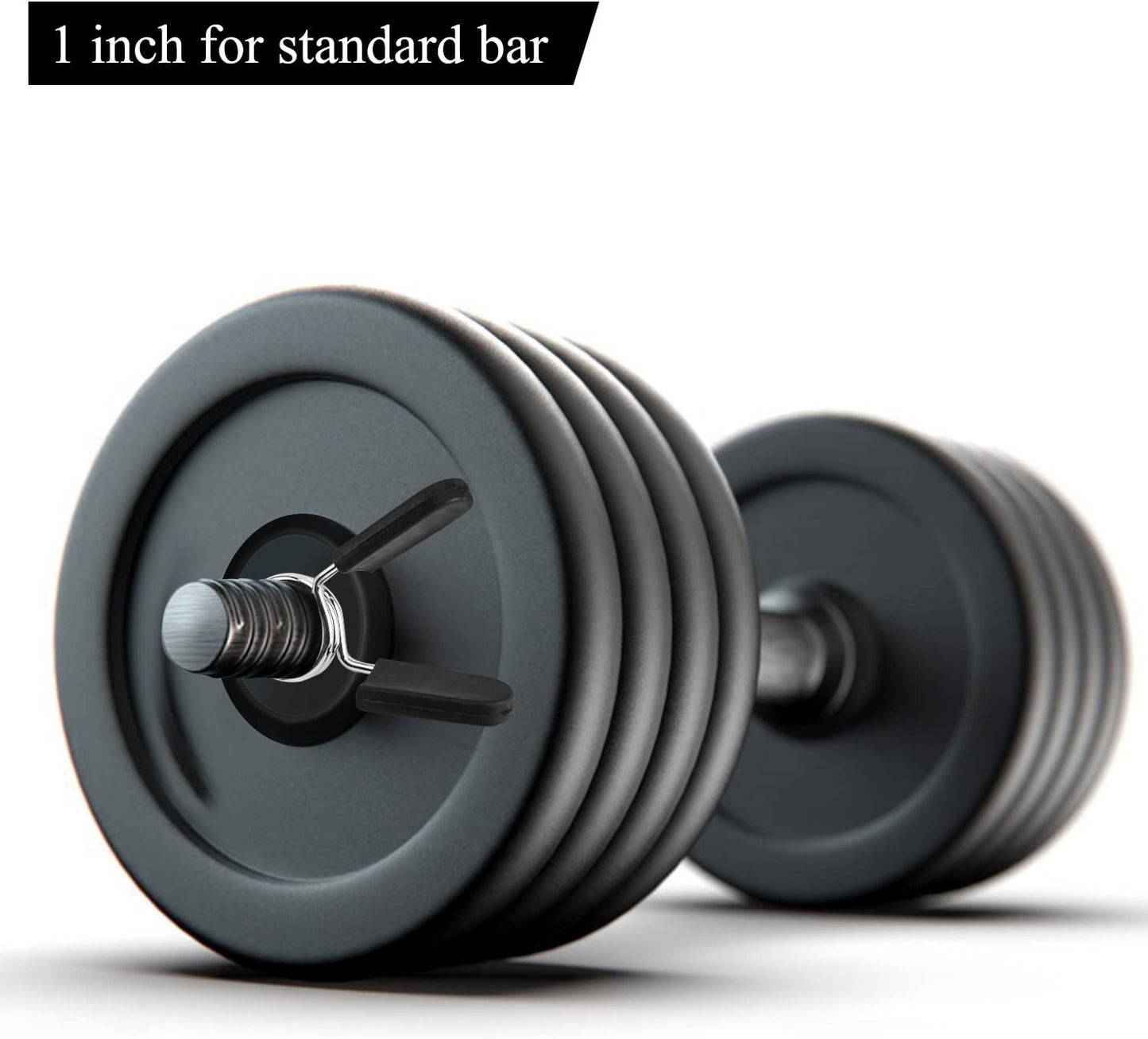 EastyGold 1-inch barbell clamps and spring clips for weightlifting, shown securing standard weight bars during strength training.