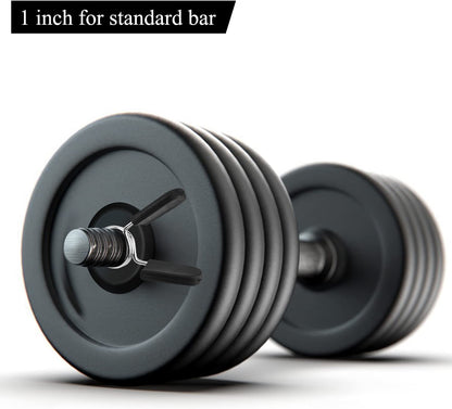 EastyGold 1-inch barbell clamps and spring clips for weightlifting, shown securing standard weight bars during strength training.