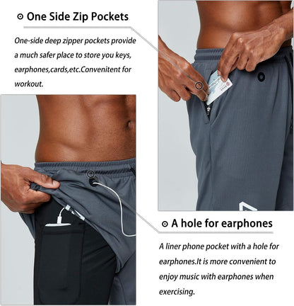 Pinkbomb men's 2-in-1 running shorts with quick-dry fabric, phone pocket, ideal for gym workouts and active training.