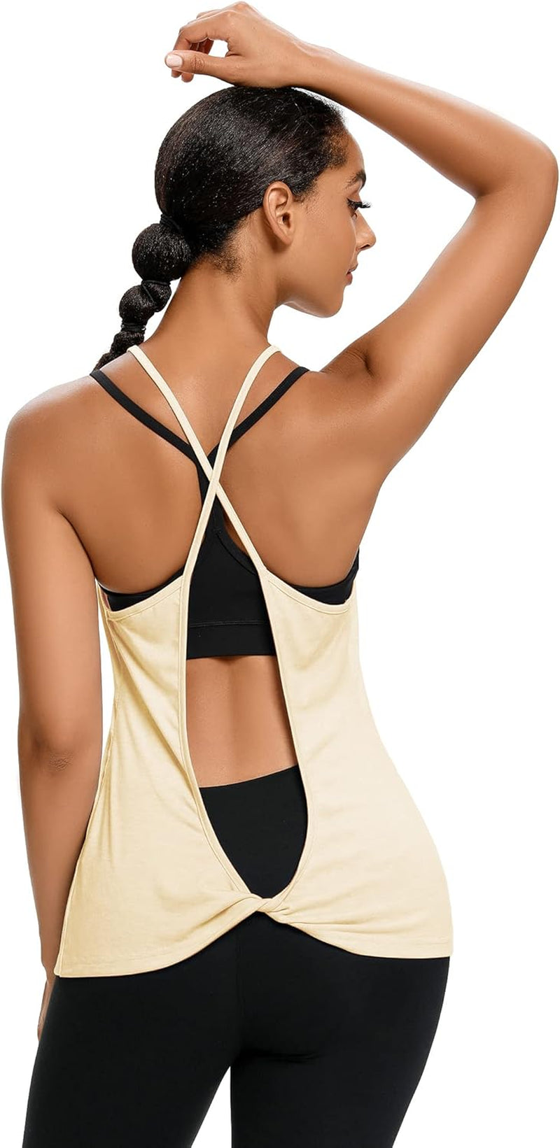 Apricot women's workout top by CUQY featuring an open back, halter style, strappy design, ideal for yoga and gym activewear.