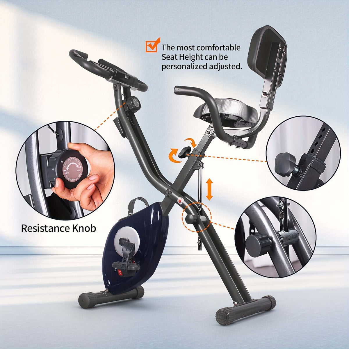 Foldable x-bike with heart rate monitor features adjustable seat height and resistance knob for personalized workouts.
