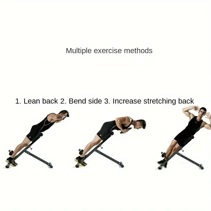 Adjustable Roman Chair fitness stool demonstrating multiple exercise methods for waist and abdomen workouts.