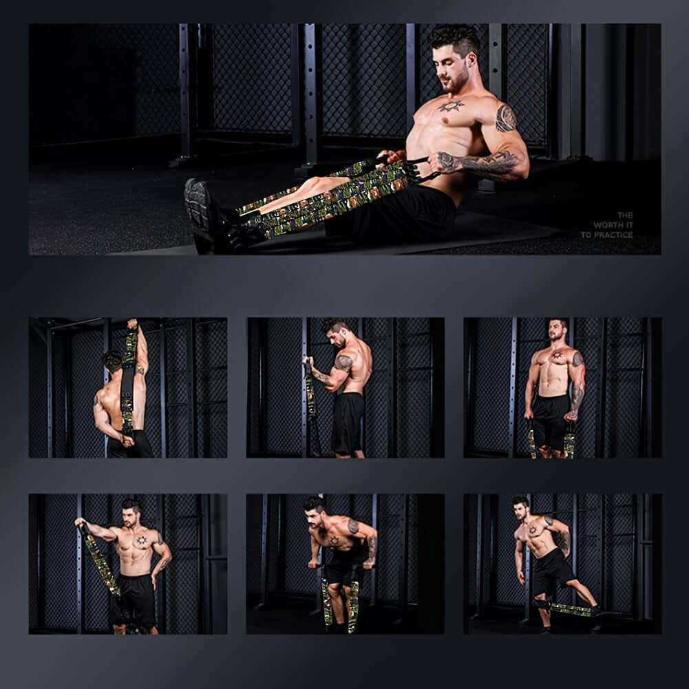 Man using chest resistance band for home workouts to enhance fitness and strength training.