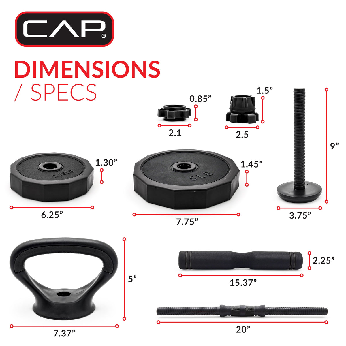 CAP 66Lb Versatile Weight Set - Adjustable Dumbbell, Barbell & Kettlebell for Complete Full-Body Workouts, Sleek Black Design